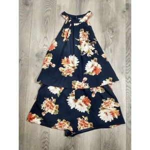 Entro High Neck Romper Womens Medium Sleeveless Shorts Lined Floral Blue